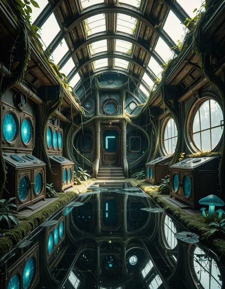 The interior of an ancient abandoned spaceship, overtaken by lush vegetation. The walls and ceiling are covered in thick, twisting vines and moss. Strange alien plants glow faintly in shades of blue and green, casting an eerie, mystical light across the metallic surfaces. Rusted control panels and shattered glass windows hint at a long-forgotten past. The floor is cracked and partially flooded with still, reflective water. Patches of bioluminescent fungi cling to the corners, adding a surreal atmosphere. The air feels heavy with moisture, and beams of soft, diffused light filter through holes in the hull, creating dramatic shafts of light and shadow. The overall style is hyper-realistic, rich in textures, with a cinematic and slightly melancholic mood.<lora:SDXLFaeTastic2400:0.4> <lora:extremely_detailed:0.4> extremely detailed,ancient abandoned sp4c3sh1p, <lora:ancient_abandoned_sp4c3sh1p-i:1>, Masterpiece,best quality,hi res,8k,hi res,8k,award winning,(sharp focus, intricate, highly detailed),