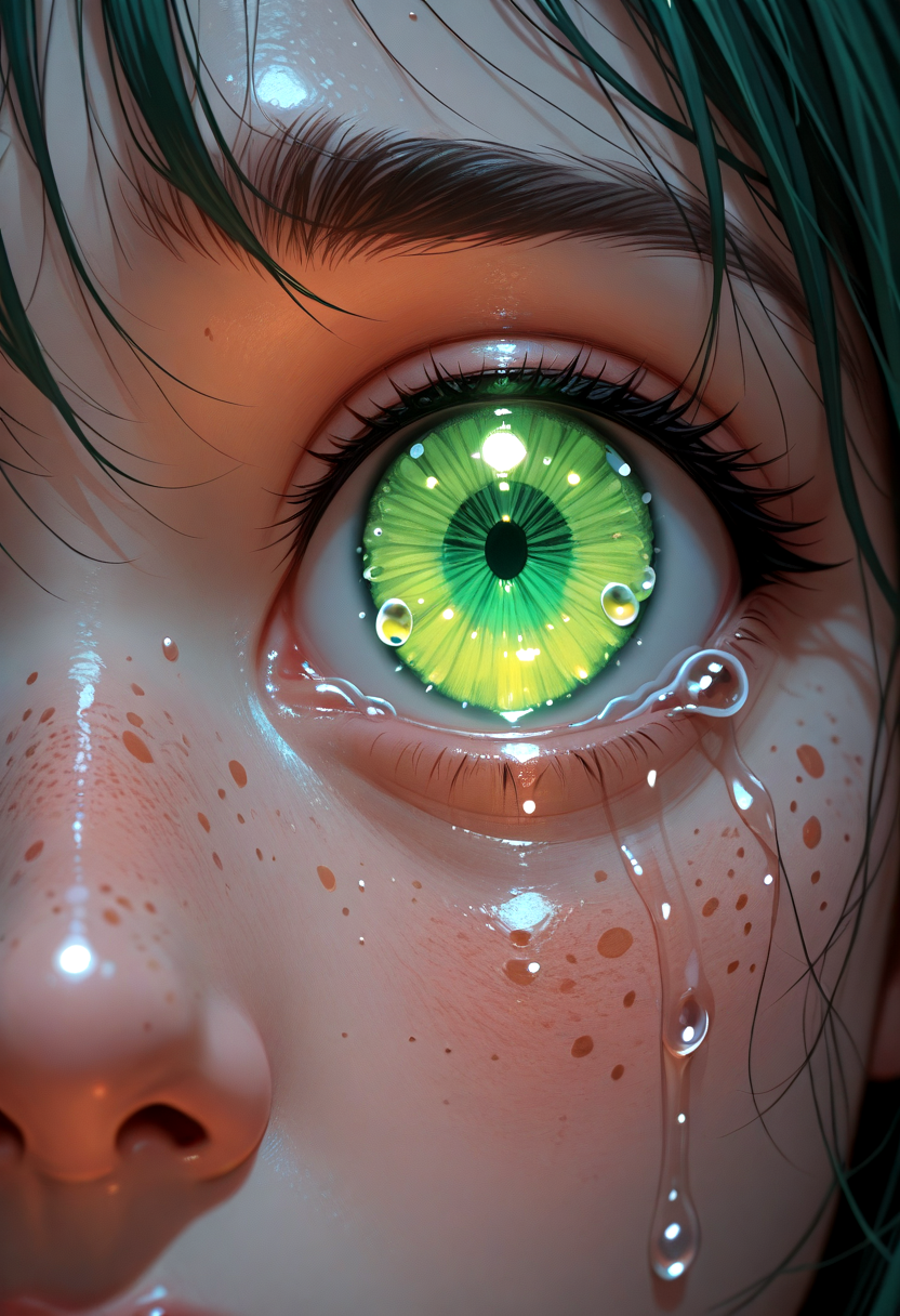 1girl, close-up, tears, glowing, eye focus, freckles, crying, green eyes,,