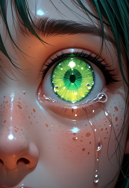 1girl, close-up, tears, glowing, eye focus, freckles, crying, green eyes,,