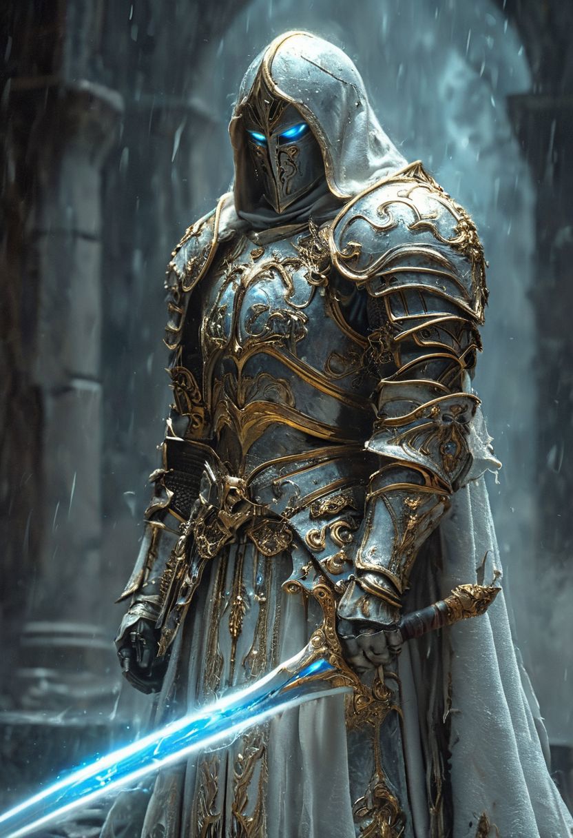 A stunning, highly detailed dark fantasy full body illustration of a proud angelical warrior wearing intricate medieval white HKStyle armor and a grim warrior face, holding a great golden glowing sword, golden and blue glooming eyes, very wide shoulders, wearing big gauntlets, epic composition. The warrior stands heroic with a flowing cloak and white hood during a storm with foggy gloom, thunderclouds in the background. The scene depicts him with brooding emotional agony. style by Greg Rutkowski, by Milo Manara and Russ Mills, with insanely intricate details and textures, gloomy dramatic lighting, 8K resolution