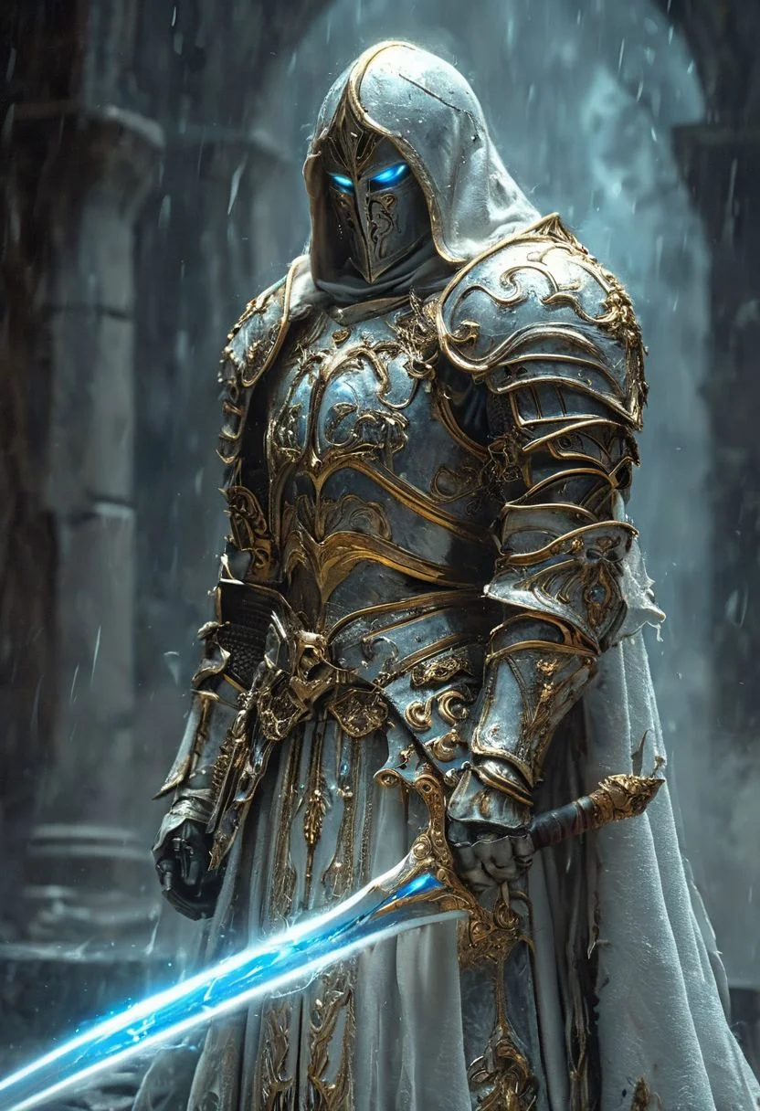 A stunning, highly detailed dark fantasy full body illustration of a proud angelical warrior wearing intricate medieval white HKStyle armor and a grim warrior face, holding a great golden glowing sword, golden and blue glooming eyes, very wide shoulders, wearing big gauntlets, epic composition. The warrior stands heroic with a flowing cloak and white hood during a storm with foggy gloom, thunderclouds in the background. The scene depicts him with brooding emotional agony. style by Greg Rutkowski, by Milo Manara and Russ Mills, with insanely intricate details and textures, gloomy dramatic lighting, 8K resolution