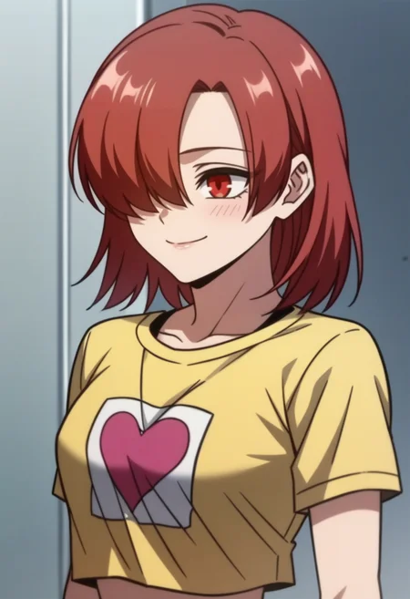 score_9, score_8_up, score_7_up, source_anime,anime screencap, anime coloring,intricate details,rating_safe, masterpiece, best quality,
(best quality, absurd res, ultra detailed),1girl, ((solo)), good eyes,perfect eyes,,detailed eyes, zPDXLxxx , zPDXL3,detailed, detailed face, <lora:add-detail-xl:3>,
BREAK
<lora:Chloe:0.8>, Chloe, 1girl, red eyes, red hair, 
medium hair, hair over one eye,,
heart-print shirt, yellow shirt, short sleeves, crop top,
BREAK
solo, standing, 
smirk,