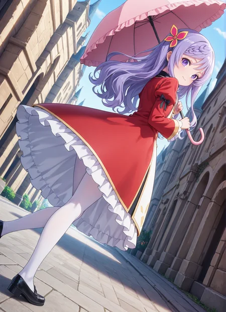 source_anime BREAK prefect lighting,very aesthetic,prefect hands,best quality,
intricate details,highly detailed background,(masterpiece:0.9),high quality,lustrous_skin,skindentation,(zPDXL3),
ultra delicate hair,
face_detail,
skin_detail,<lora:cfg_scale_boost>,
lustrous_skin,skindentation,
shiny skin,
<lora:seirei_gensouki_-_flora_beltrum_s1_il:0.7>,seirei_gensouki_-_flora_beltrum_s1,long_hair,purple_hair,hair_ornament,braid,purple_eyes,aged_down,flat_chest,
bow,ribbon,red_dress,long_sleeves,frills,juliet_sleeves,puffy_sleeves,white_pantyhose,black_footwear,
masterpiece,best quality,amazing quality,masterpiece,best quality,ultra-detailed,Best-A,Medium-B,Low-C,Bad-D,cute,in spring,light_blush,happy,looking at viewer,
castle,street,
umbrella,hold an umbrella,dynamic_angle,from behind,from_back,