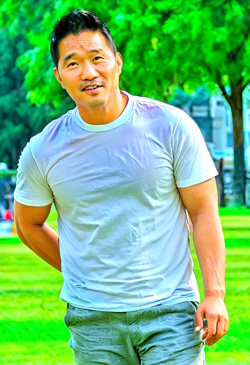 (((htkangface))), daddy,  natural face expression, (((detailed HtKangface))), fixed htKangface Photorealistic, realistic, masterpiece, intricate details, detailed background, depth of field, photo of a handsome, dynamic pose, natural face expression, (((looking at viewer))), high detail, high quality, male focus,  ((white shirt)), ((pants)), ((park background))