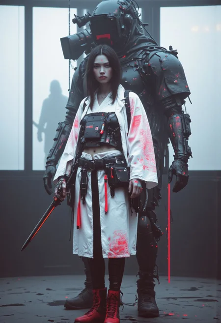 A high-resolution photo of a striking womsn with a cybernetic arm. She has an otherworldly appearance, with glowing blue dots on her forehead and cheeks. Her attire is a fusion of cyberpunk and futuristic medical aesthetics—she wears a white medical uniform with a high collar, a red cross insignia, and dark, high-tech armor elements. The uniform leaves her midriff exposed, and a belt with various pouches and tools wraps around her waist. Her ornate, kimono-style garment has a predominantly white base with intricate, muted pink patterns, giving an impression of a cyborg or advanced android. She wields two swords, complementing her sharp, futuristic look. Her hair is styled in two long, sleek strands, framing her pale, metallic-sheen face. She has almond-shaped eyes with a serene expression, enhanced by dark shoulder-length waves. She wears high-top combat boots with red accents and lace-up details. Numerous wires and tubes protrude from her cybernetic components, emphasizing her sci-fi, cyberpunk theme. The background consists of soft, glowing white screens, creating an ethereal atmosphere. The color palette remains stark and monochromatic, with vibrant flashes of orange illuminating the intricate details of her attire. Behind her, barely visible through the dense fog, her mechanical entourage looms, cpstyle, neon-mist, neon-mist, enistyle