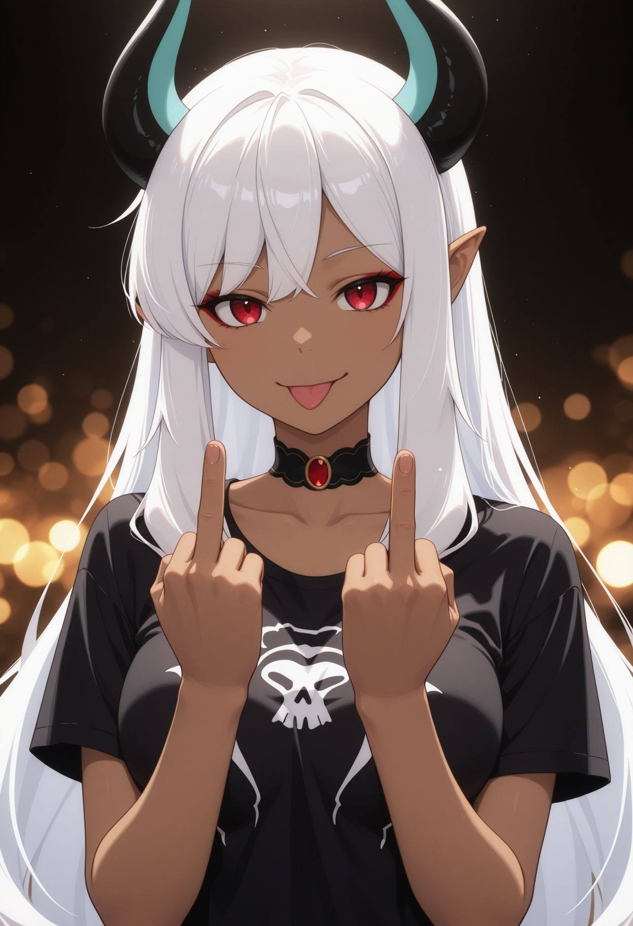 masterpiece,best quality,absurdres,highres,very aesthetic,high quality,detailed,insanely detailed,beautiful,perfect lighting, ,depth of field,blurry background,bokeh, looking at viewer,  smile, 
 <lora:Belzebub illu:1> 1girl, horns, medium breasts, white hair, pointy ears, dark skin, dark-skinned female, red eyes,  black shirt, t-shirt, black choker, goth, eyeliner, eyeshadow double middle finger, tongue out,