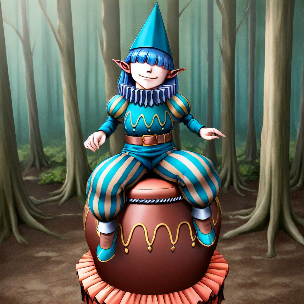 1girl,solo,blue hair,bangs,hair over eyes,pointy ears,hat,ruff collar,shirt,puffy sleeves,belt,striped pants,shoes,sitting on drum,facing viewer,looking at viewer,forest,smirk