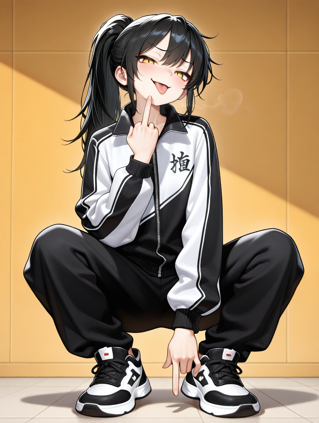 1girl,solo,(full body:1.3),<lora:xiaofu:1>,naughty_face,smug,looking_at_viewer,black xiaofu jacket,black xiaofu pants,vertical middle finger,tongue_out,, masterpiece,best quality,amazing quality,