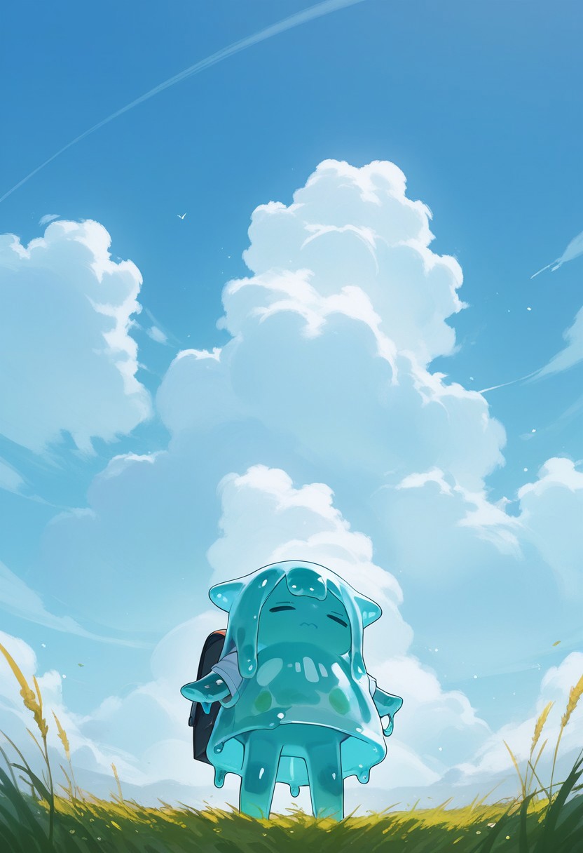 PonyScores7, source_anime, hi res, masterpiece, best quality, highres, sss, translucent, subsurface scattering,    
score_9,score_8_up,score_7_up,1girl,solo, sky, cloud, 1girl, backpack, outdoors, shirt, short hair, bag, from below, white shirt, day, blue sky, short sleeves, black hair, closed eyes, grass, standing, cloudy sky, slime girl, monster girl, slime_girl