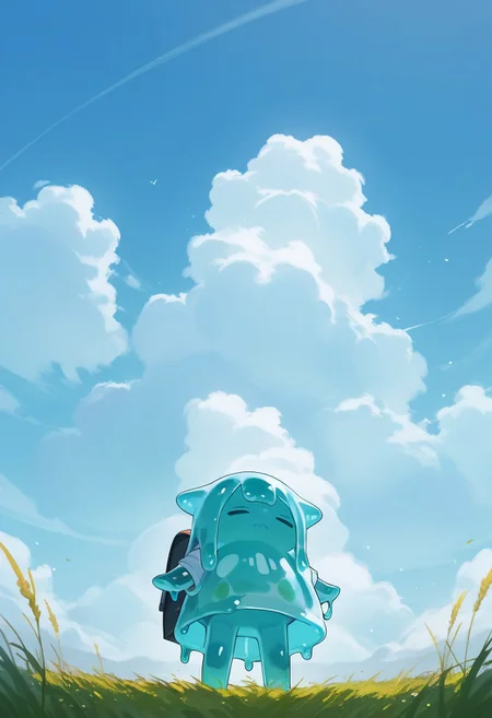 PonyScores7, source_anime, hi res, masterpiece, best quality, highres, sss, translucent, subsurface scattering,    
score_9,score_8_up,score_7_up,1girl,solo, sky, cloud, 1girl, backpack, outdoors, shirt, short hair, bag, from below, white shirt, day, blue sky, short sleeves, black hair, closed eyes, grass, standing, cloudy sky, slime girl, monster girl, slime_girl