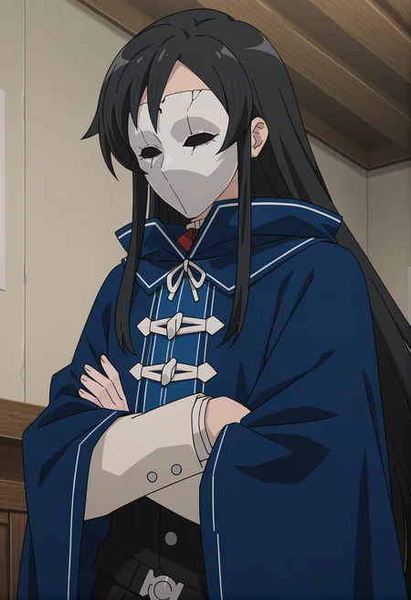 <lora:Shizuka NANAHOSHI_illustrious-000036:1>,
Shizuka NANAHOSHI,crossed arms,solo,mask,long sleeves,upper body,cape,very long hair,indoors,cloak,blue cloak,shirt,anime screencap