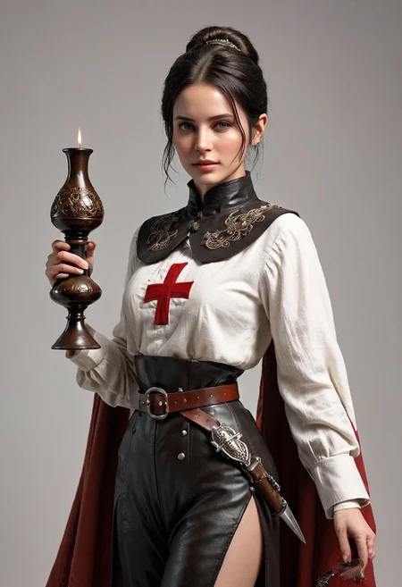 historical 3d concept art of a nun nurse of war, templar outfits, ponytail hair, (full body:1.4),( blue eyes:1.12), skinny, thin legs, large hip, thigh gap, intricate belts, (wearing flasks, potion, cloak, accessories,:1.3), glowing eyes, intricate runic patterns, (blood on clothes:1.3), flat chests, delicate, dangerous, luscious, thin,deciduous, (freckles:0.741), dirty clothes, thorns, goosebumps, beautiful, tired face, black hair, invert red cross embroidery on intricate bi-colored long dirty brownish white shirt layered, dust, ivory linen fabrics, thorns, (dark background:1.2), brown leather trousers, dirty face, bloody face, rifle on shoulders, wearing sword on hip, 3D Character,, hero pose,exaggerated proportions, intricate character design, sense of nostalgia, exaggerated features, memorable look, consistent, coherent, captivating, (clear eyes:1.2), (highly detailled eyes:1.2), highly detailled hands, detailled floor, textured socle, dusty ground, intricate shoes, (simple background, black background:1.5), rim lighting, dimlight,"detailed skin texture, highly detailled fabrics, precise linen, precise bump textures, absurdres textures, high glossy, perfect reflection, intricate surfaces, subsurface scattering, ambiant occlusion, subtle scratchs, imperfections, soft shadow, insane details, detailled stitches and sews, intricate leather