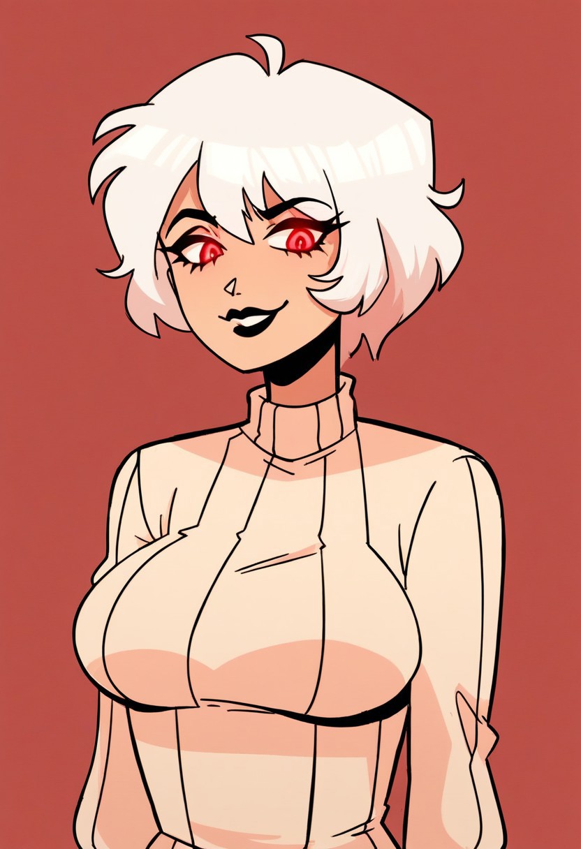 32k, score_9, score_8_up, source_anime, highly detailed, female, solo, rating_safe, meguminn,
Wet skin, big breasts, black lipstick, oily skin, oiled up, wet, short hair, white hair, ((Glowing red eyes)), smirk
Orange background, flat colors,