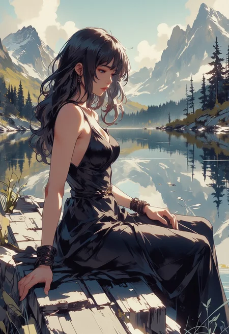 Mh1$AgThS2, intricate linework with expressive contrasts, soft lighting with dynamic highlights, neo-noir portrait, silver halide, young Asian woman in a summer dress, long loose hair, sitting at the end of a jetty on tranquil mountain lake, with mountains in the background, In the style of ff-td