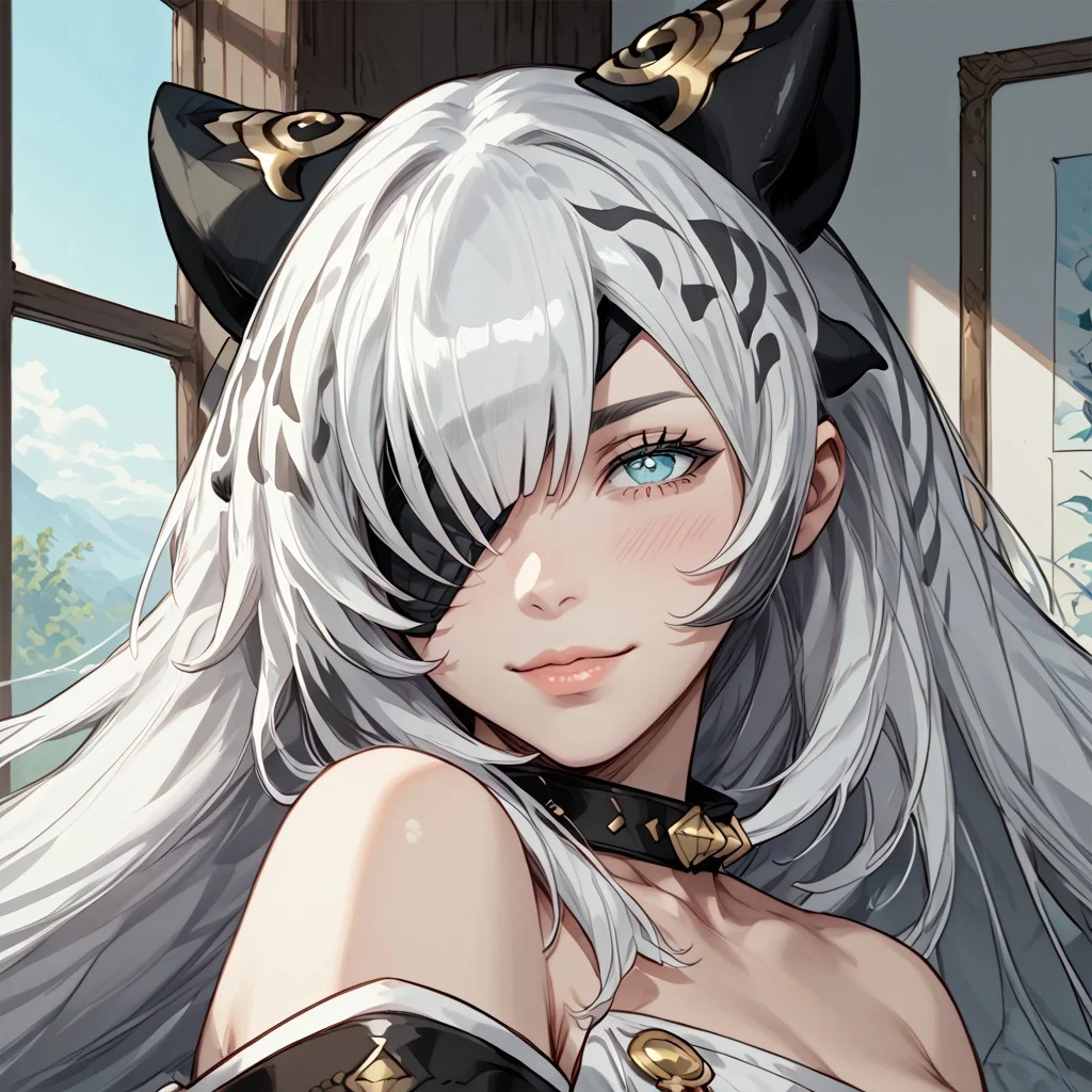 score_9, score_8_up, score_8, score_7_up, score_7, ExpressiveH, 
BREAK
1girl, solo, Fudo Myo-o (Dragalia), aqua eyes, blue eyes, eyepatch, white hair, long hair, (3:4, face focus), looking at viewer, head tilt, seductive look , looking at viewer, lips parted, blushing, mischievous smile
BREAK
Room, window