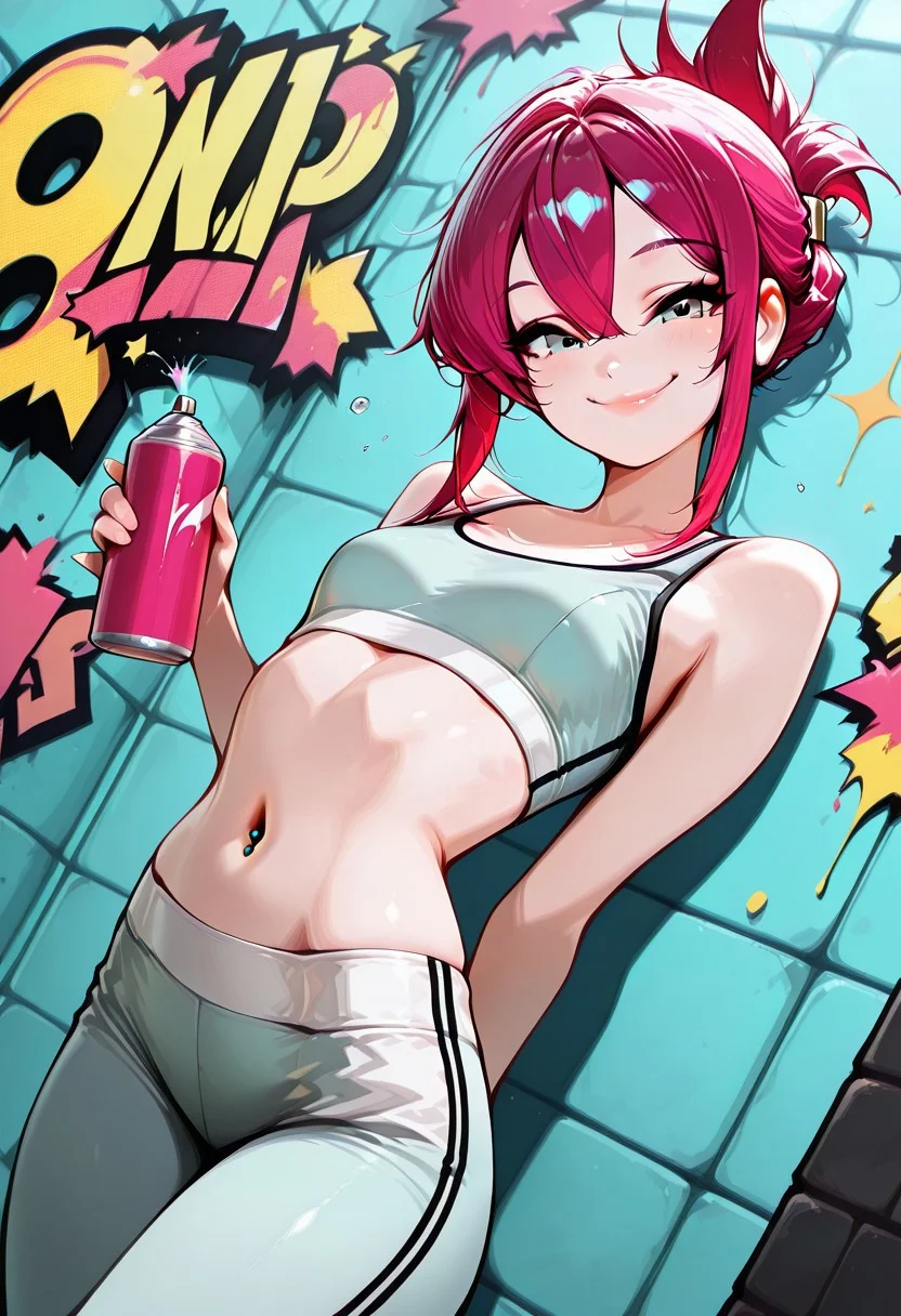 masterpiece, best quality, 32k, high resolution, absurdres, HD32k, masterpiece,  In the style of Jedppa, popart, Yara, YaraRH, Adult girl, magenta hair,  , hair_between_eyes, sidelocks_tied_back, almond eyes, small mouth, slim, small breasts, flirty, detailed lips, detailed eyes, expressive, Dutch angle, looking at the viewer, red tint, dynamic pose, cowboy shot, sports bra, navel piercing, leggings, brick wall, graffiti, holding spray can, paint drops, smiling, front view,