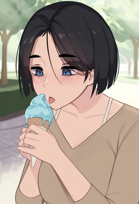 1girl, solo, akiyama yuko, blue eyes, black hair, short hair, brown shirt, long sleeves, 
eating ice cream, tongue out, slight blush, holding cone with both hands, summer afternoon, melting ice cream, sunlight filtering through trees, park setting, close-up shot
<lora:Character_Akiyama Yuko:1>