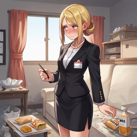 score_9, score_8_up, score_7_up, score_6_up, score_5_up, score_4_up, zPDXL2,source_anime,rating_questionable, 1girl, solo, embarrassed, looking away, blush, secretary, blonde hair, pearl necklace, black blazer, black pencil skirt, white blouse, cowboy shot, couch, window <lora:Messy_Room:0.8> m3ss, indoors, messy room, trash, food, magazines, bottle, mess,