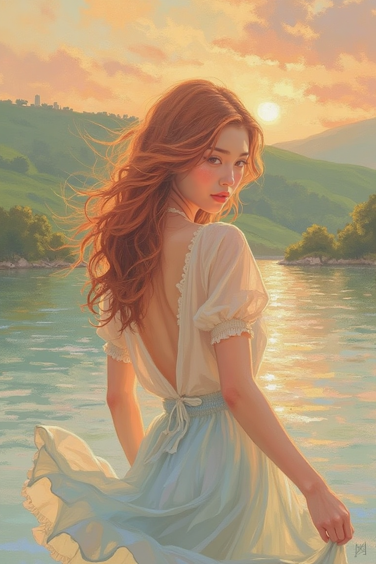 A serene woman stands at the edge of a sparkling lake at sunset, her auburn hair flowing gently in the breeze. She wears a soft, cream-colored blouse paired with a light blue, frilly skirt that moves delicately with the wind. Her pose is relaxed yet elegant, with one hand resting lightly on her hip and the other brushing against her skirt as she gazes over the water. Rolling green hills stretch into the distance, dotted with clusters of trees, while the lake reflects the warm orange and pink hues of the sky. The illustration is semi-realistic, emphasizing soft textures, warm tones, and the tranquil beauty of the lakeside scene,Ar89,concept art