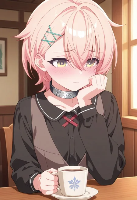 masterpiece,best quality,amazing quality, ceres, short hair, light pink hair, yellow eyes, 1girl, solo, black shirt, shirt, hair ornament, x hair ornament, blush, closed mouth, hair between eyes, indoors, upper body, cup