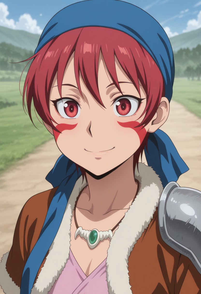 masterpiece,best quality,amazing quality, source_anime, 
alfarid, 1girl, solo, facepaint, red eyes, red hair, blue bandana, necklace, pink shirt, brown jacket, fur trim, shoulder armor, outdoor, smile, portrait,