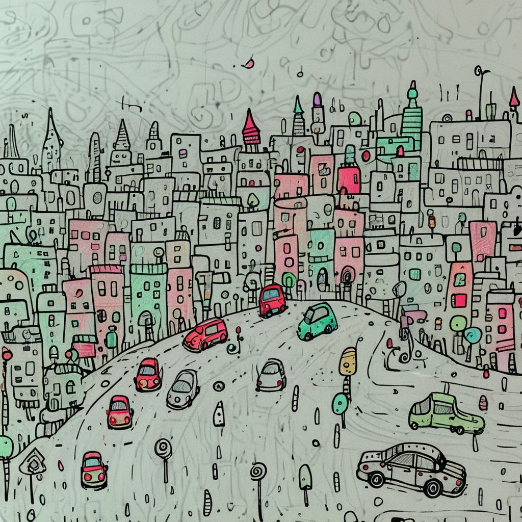 Doodled cityscape with quirky buildings, stick figure people, scribbled cars, wiggly roads, childlike perspective, black and white with pops of primary colors ArsWorld, Doodle, <lora:ArsMorph_-_World_of_Doodle:1>