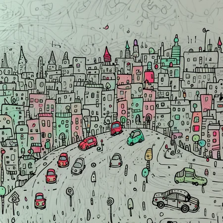 Doodled cityscape with quirky buildings, stick figure people, scribbled cars, wiggly roads, childlike perspective, black and white with pops of primary colors ArsWorld, Doodle, <lora:ArsMorph_-_World_of_Doodle:1>