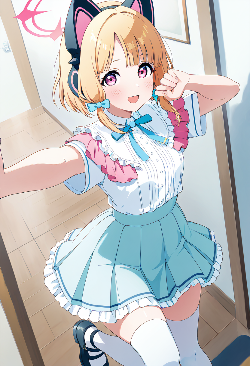 masterpiece, best quality, solo, curvy, beautiful eyes, narrow waist, wide hips, 1girl, solo, smile, looking at viewer, dynamic angle, foreshortening, close up,     zzMomoi, blonde hair, animal ears, fake animal ears, animal ear headphones, headphones, short hair, bow, halo, cat ear headphones, hair bow, red bow, pink eyes, pink halo,  ,<lora:MomoiBlueArchiveIXL:0.8>,[J-Pop Idol in Training], <lora:LoveLiveSchoolIdolFestivalAllStarsNAI:0.5>, pastel-colored pleated skirt with a cute bow at the waist, white frilled blouse with puffed sleeves, knee-high socks, glossy Mary Jane shoes, headband with a little cat-ear design, bright blush and eye-catching eyeshadow, practicing dance moves in a bright rehearsal studio,