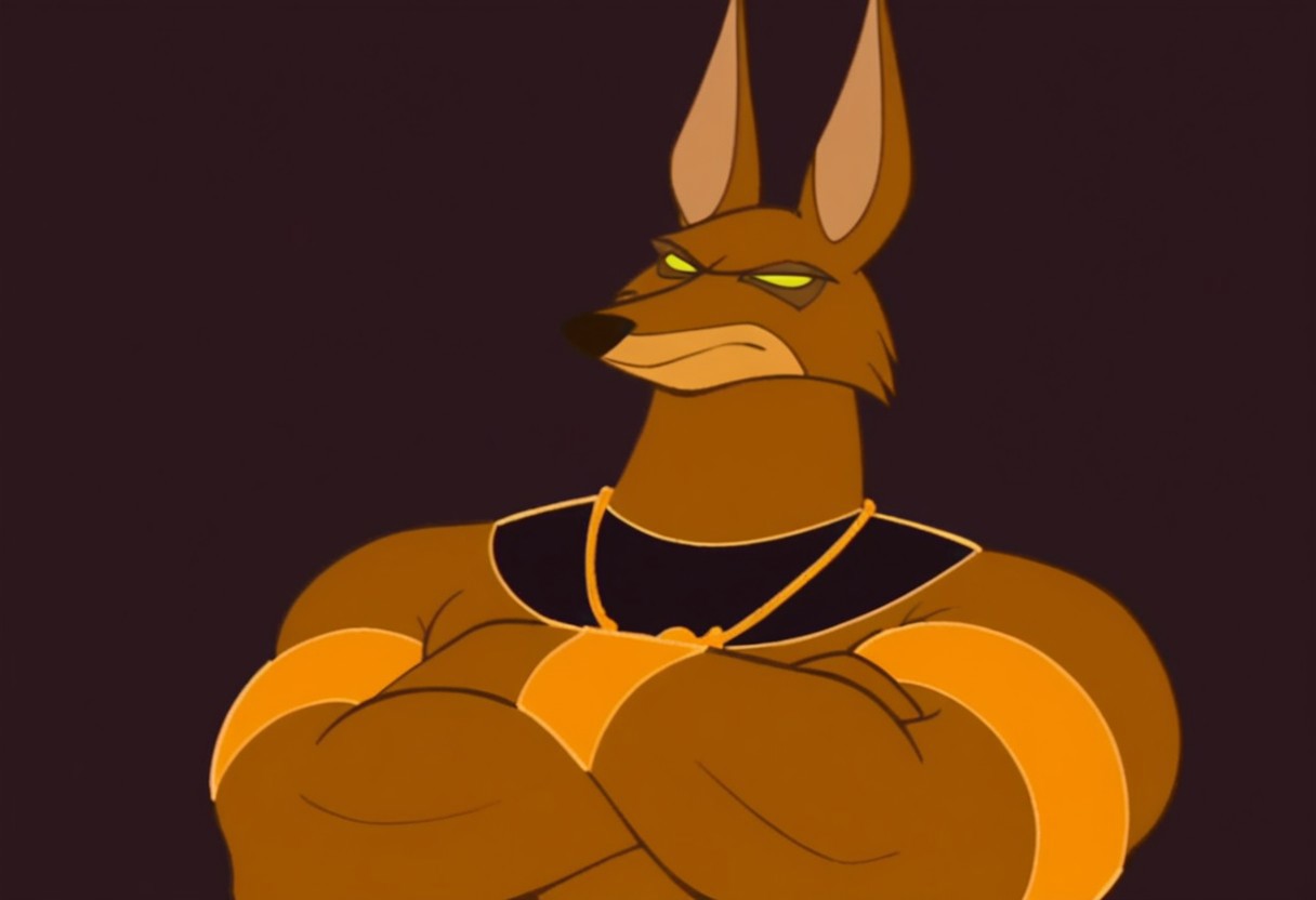 score_9, score_8_up, score_7_up, Expressiveh, masterpiece, best quality, highly detailed, realistic, (zPDXL3), 1boy, solo, (JackieKP, furry, anthro, jackal, pointy ears, brown body, brown fur, yellow sclera, no pupils, black nose, black neckwear, gold necklace, gold armband, gold bracelet, muscular male) ((arms crossed)), upper body, close-up, closed mouth, looking at viewer, (((black background, simple background))), uncensored