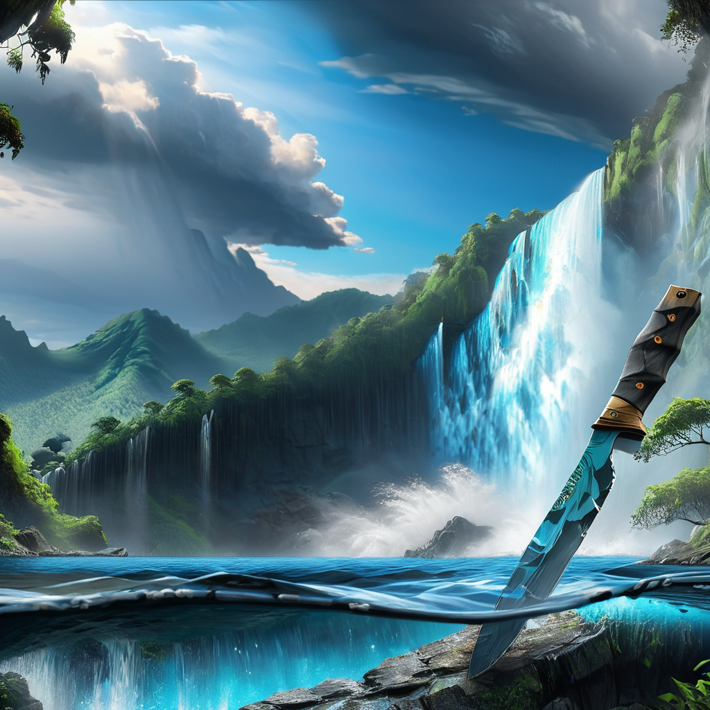 masterpiece,8k,absurd resolution, <lora:farcry_xl:0.81>,
farcry,, scenery, cloud, water, sky, outdoors, no humans, day, mountain, cloudy sky, tree, nature, waterfall, ocean,detailed realistic knife
,reflection, cg rendering, volumetric light,  bioluminescence, unreal engine 5, magic of light,dinamic light,realistic shadows