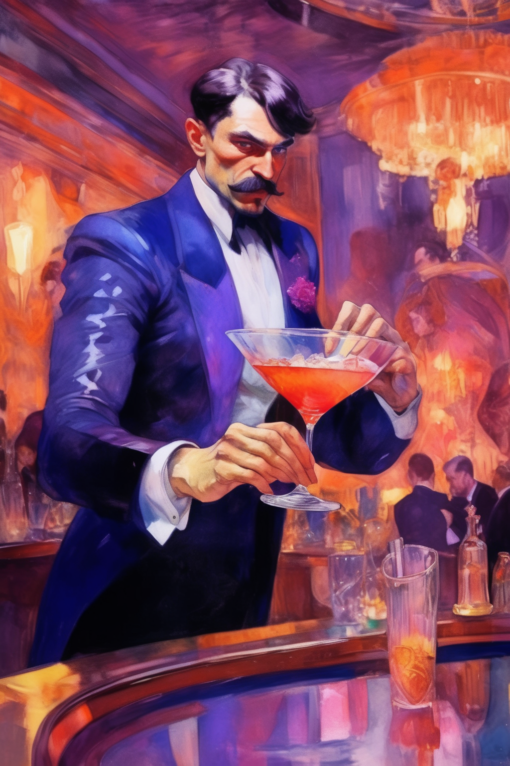 <lora:Mikhail Vrubel Style:1>Mikhail Vrubel Style - dastardly russian agent slipping roofie into expensive cocktail at ritzy lounge