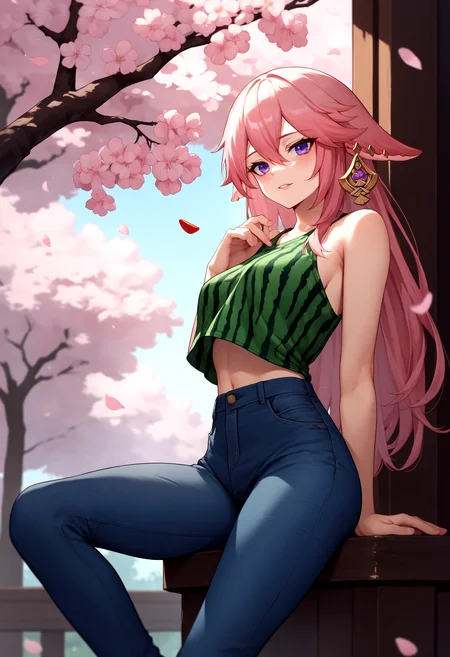 score_9, score_8_up, score_7_up, source_anime, 1girl,
BREAK cherry blossoms,
BREAK shirt, watermelon, watermelon print,
BREAK jeans,
BREAK yae miko,