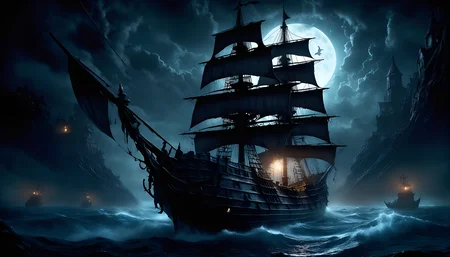 <lora:Dark Fantasy:1>(detailed background, ultra detailed, 8k UHD), Dark Fantasy Page, ghost ship sailing in the night in a Old Abandoned School
