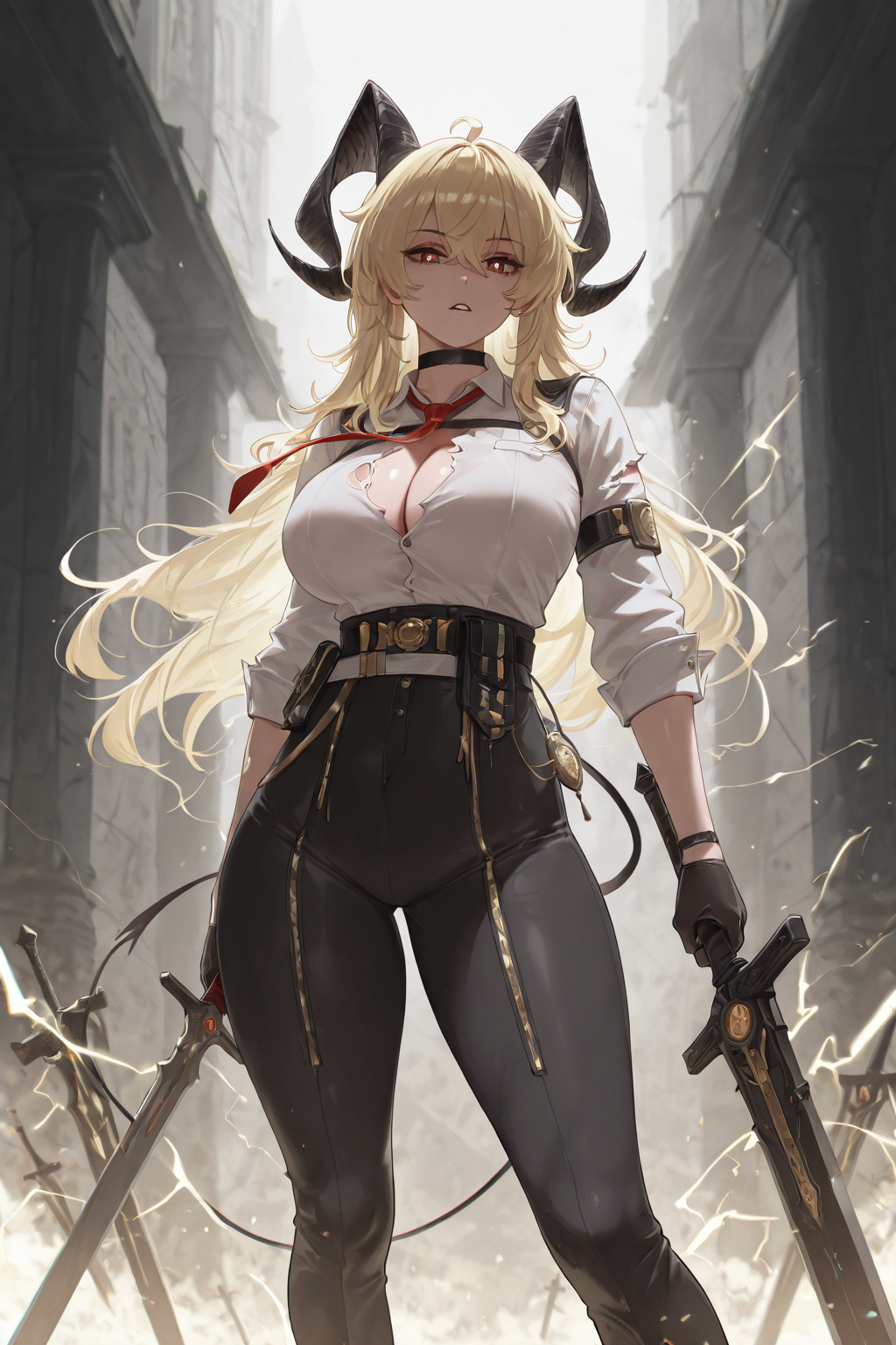masterpiece,best quality,amazing quality,absurdres, <lora:Zani_Wuthering_Waves:1>, ZanDS, 1girl, arm strap, black choker, black gloves, black horns, black pants, black shoes, blonde hair, breasts, bright pupils, choker, chromatic aberration, cleavage, curled horns, electricity, gloves, greatsword, hair ornament, high-waist pants, holding, holding sword, holding weapon, horns, large breasts, long hair, looking at viewer, necktie, necktie around wrists, pants, parted lips, red eyes, red necktie, shirt, shirt tucked in, shoes, solo, sword, tight clothes, tight pants, torn clothes, torn shirt, weapon, white pupils, white shirt