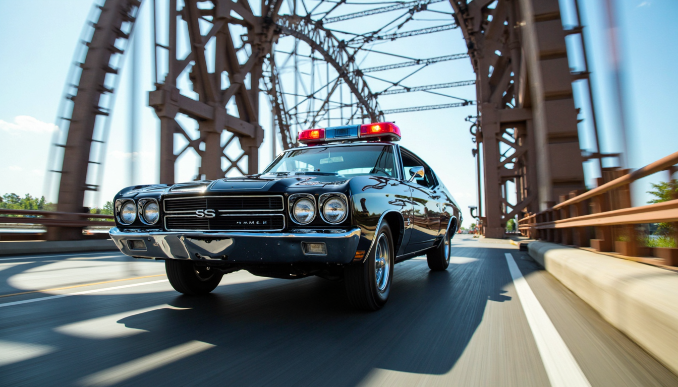 a draw bridge is opening up, a 1970chevelless as a police car with a light bar on roof, jumps the gap between the bridge sections, police man driving, action lines, motion blur,
extremely detailed, sharp focus, sharp