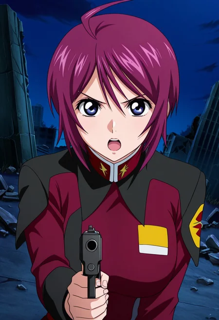 general,highres, ultra-detailed,very aesthetic,best quality ,best hands,best eyes,easynegative,
dynamic anglre, dutch angle, anime cloring,anime screencap,
1girl solo,looking at viewer,night,ruins,holding gun,fighting,open mouth,
Lunamaria Hawke,purple hair, short_hair, ahoge, blue_eyes, huge_breasts,military uniform,