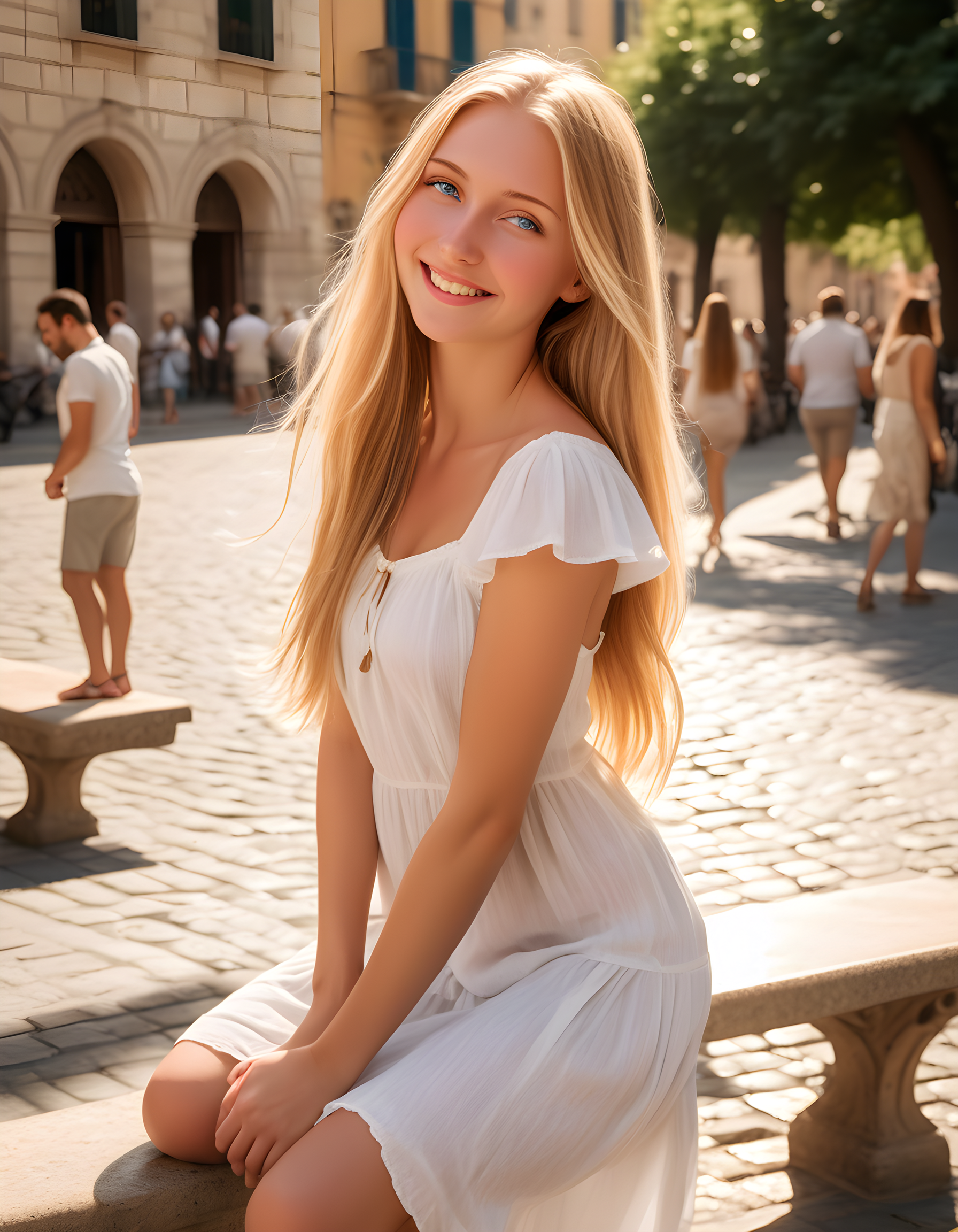 In a vibrant, sunlit Mediterranean square bustling with activity, Kemkin stands alone, her long, golden blonde hair cascading down her back like a shimmering waterfall under the bright afternoon sunlight. Her gaze locks with the viewer, her blue eyes sparkling with warmth and a genuine smile gracing her lips. She wears a classic yet elegant white sundress that accentuates her graceful form, and she leans slightly forward, one hand resting on a quaint, worn stone bench, creating an inviting and intimate atmosphere amidst the bustling square's backdrop. The sun casts dappled light across the cobblestones behind her, illuminating the ancient architecture and adding a sense of timeless beauty to the scene.