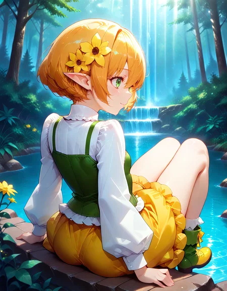 Smooth Quality <lora:michelle_IL:1> michelle, short hair, blonde hair, orange hair, hair flower, pointy ears, elf, green eyes, hair between eyes, yellow flower, aged down, small breasts, white shirt, long sleeves, frills, green vest, yellow skirt, socks, green footwear, yellow footwear, 1girl, day, from_behind, light_rays, nature, outdoors, plant, sitting, solo, sunbeam, sunlight, tree, water, waterfall, playful_jump, motion_blur, wind_effect, open_sky_background, sparkly_particles, dynamic_pose, happy_energy, (kuroduki /(pieat/):1.2),, <lora:V2_yakumo_alchemy:1> lilac theme, detailed eyes, detailed face, detailed skin <lora:DetailedEyes_V3:1> <lora:cfg_scale_boost:0.7> <lora:lightingSlider:1> golden hour (sidelight:1.3), <lora:Crazy_Btch_-_Psychopath_expression:1> psych0path <lora:ponyv6_noobE11_2_adamW:0.7>