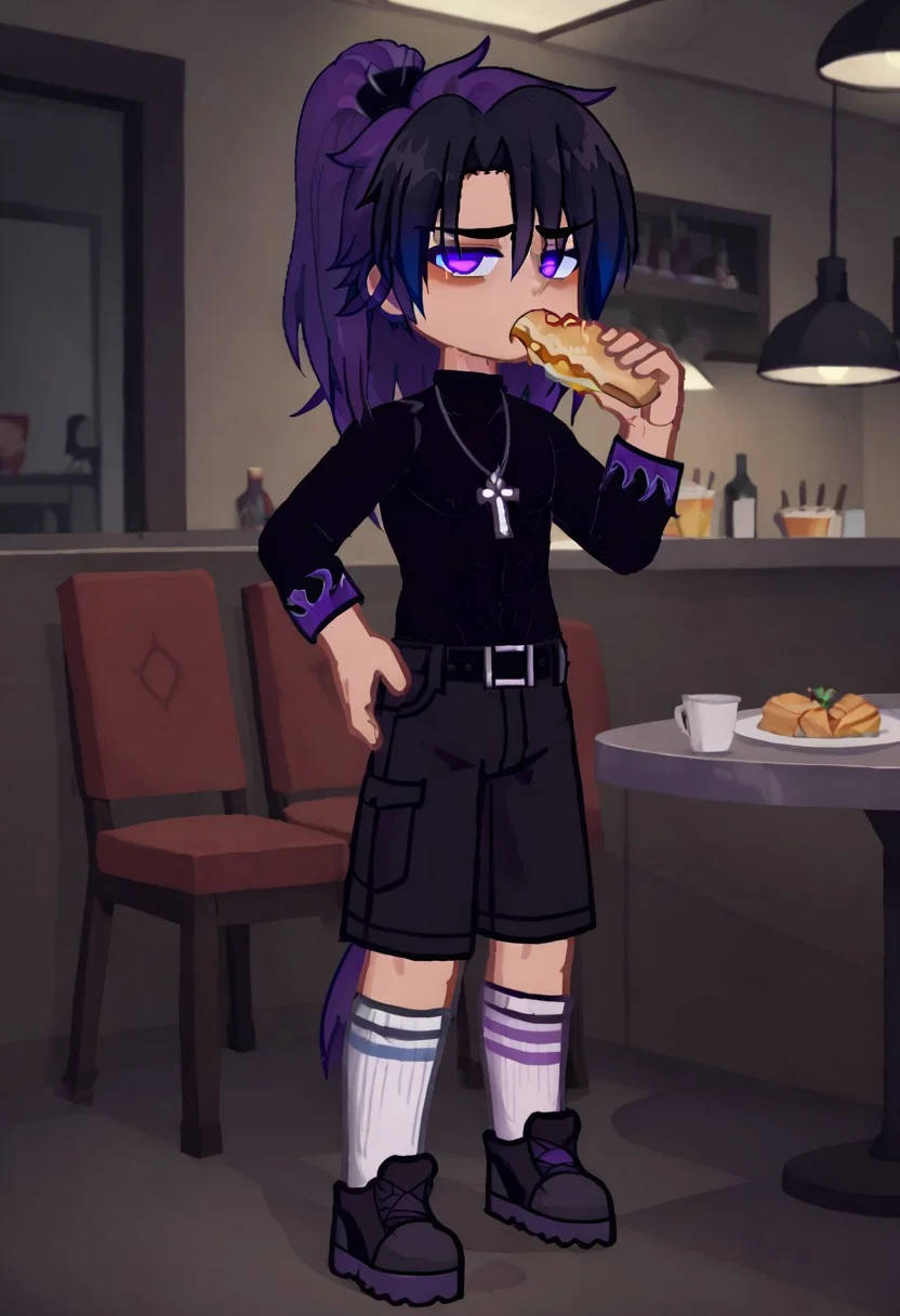 restaurant, detail background, Gacha, GachaAlbert, Albert, 1man, bangs, belt, black footwear, Dark purple hair, black shirt, black shorts, cross, cross necklace, Violet eyes, jewelry, kneehighs, Tail on head, long hair, long sleeves, multicolored hair, necklace, ponytail, purple eyes, purple hair, shirt, shoes, shorts, socks, white socks, Cross on the neck, eating food, score_9,score_8_up,score_7_up,score_6_up,score_5_up