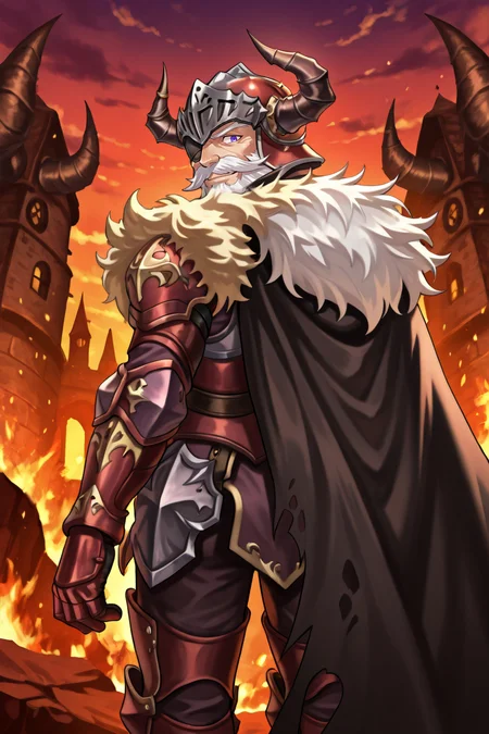<lora:BaldusIL:0.8> , BldsDef, 1boy, one-eyed, purple eyes, white hair, beard, facial hair, mustache, eyepatch, horns, helmet, horned helmet, fake horns, armor, greaves, gauntlets, fur pauldrons, fur shawl, black cape, cape, torn cape, old, old man, cowboy shot, from behind, looking back, exterior, looking at viewer, smiling, solo, masterpiece, very aesthetic, absurdres, best quality, amazing quality, high resolution, detailed background,  <lora:illustrious_quality_modifiers_masterpieces_v1:0.8> , <lora:ChamIllustriousBackgroundEnhancer:0.5>
