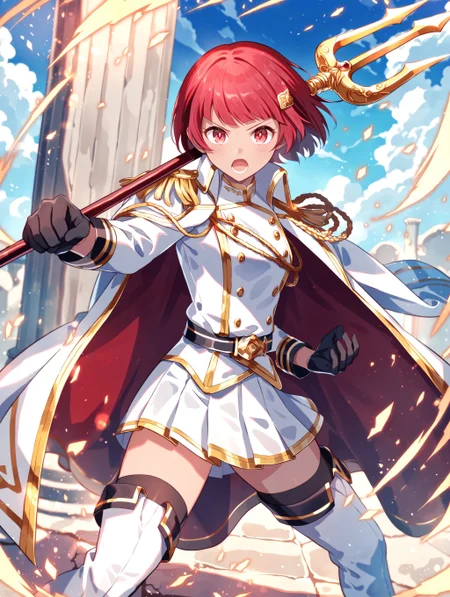 (masterpiece, best quality:1.2), amazing quality, very aesthetic, absurdres, perfect detail,
stone floor, stone pillar, blue sky, cloud,
standing, fighting stance, holding trident, serious, open mouth,
, jigita, red hair, short hair, hair ornament, white coat, coat on shoulders, gold trim, epaulettes, aiguillette, uniform, white shirt, long sleeves, black gloves, belt, miniskirt, white skirt, pleated skirt, black thighhighs, thighhighs under boots, thigh boots, white footwear
<lora:XL_Anima4_gomaotsu-digitalis-t1:1.0>