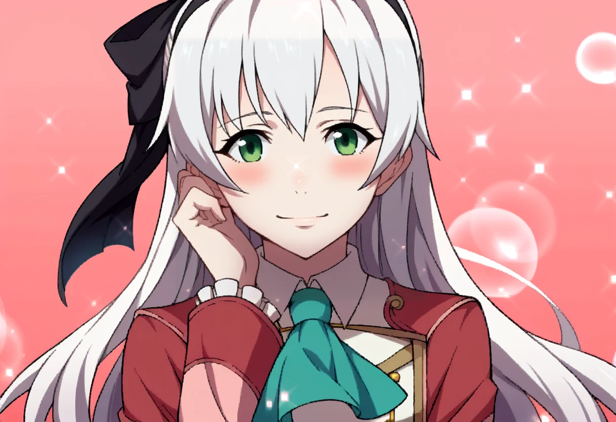 score_9, score_8_up, score_7_up, source_anime, BREAK, solo, 1girl, smile, looking at viewer, <lora:FEA-S-Rank-pdxl_Fp:1>, pink background, sparkle, bubble, <lora:elie-pdxl-nvwls-v2:1>, zeroElie, black hairband, hair ribbon, long hair, ascot, uniform, long red sleeves, white dress, white hair, green eyes, blush,