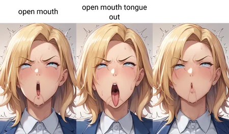 source_anime,mature female, score_7_up, mature female, masterpiece, 1girl, collared shirt, blonde hair, blue eyes , parted bangs, medium hair, focus on face, <lora:ohogao_PonyXL_v2:1> , ohogao, teary-eyed, drool, half-closed eyes, trembling, rolling eyes, open mouth, frown, angry