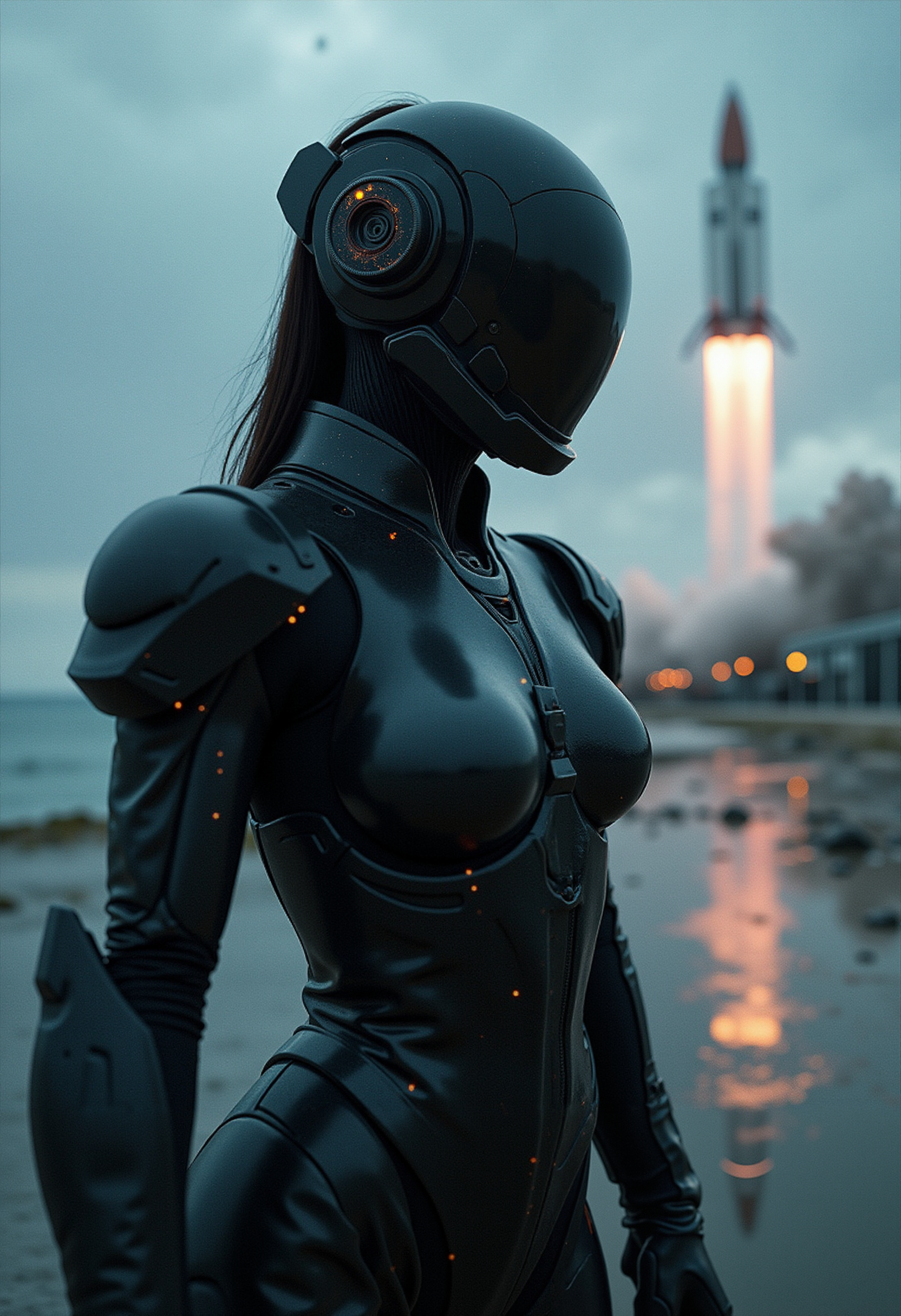 , armed female figure in a (((Holographic))) sci-fi suit (jumpsuit), at the spaceport, against the background of a sci-fi ship taking off, overcast, mask, sci-fi visor, sci-fi lens, sci-fi respirator, bald head, plate armor, isolated armor, third-person view from below, lots of fine detail in the style of 'pursuit' by gesaffelstein, photorealistic, cinematic lighting, dark atmosphere, volumetric lighting, action pose, epic scene, lots of fine detail, movie style, photography, natural textures, natural light, natural blur, photorealism, cinematic rendering, ray tracing, highest quality, highest detail, Cinematic, Blur Effect, Long Exposure, 8K, Ultra-HD, Natural Lighting, Moody Lighting, Cinematic Lighting, hyper-realistic, vibrant, 8k, detailed, ultra detail,