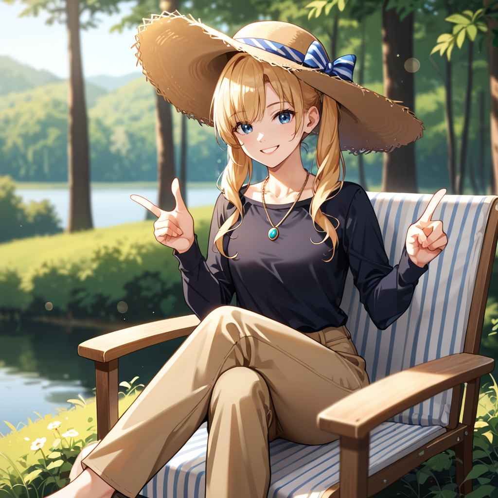 cinematic film still score_9, score_8_up, score_7_up,source_anime, forest, lake, 1girl, blonde hair, twintails, blue blue eyes, necklace, smile, black shirt, sun hat, long pants, sitting on camping chair, sitting, finger gun,   . shallow depth of field, vignette, highly detailed, high budget, bokeh, cinemascope, moody, epic, gorgeous, film grain, grainy