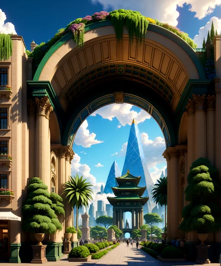 score_9, score_8_up, score_7_up,
<lora:Sumerian_Architecture_(Architecture)_(SDXL)_(AD):0.8> SSumerian, scenery, building, city, cityscape, monumental architecture, architecture, 
8K, In'ei, chiaroscuro, soft natural volumetric cinematic perfect light, perfect depth of field shot, ray tracing, photometry, beautiful, subsurface scattering, idealized modern city, busy city center, parks and greenery areas, parks, plazas, skyscrapers, hyper detailed, art by Thomas Kinkade, detailed background, detailed photographic fluffy anime clouds, Unreal Engine, CGI render, absurdly detailed, modern era photograph, 
BREAK zPDXL, zPDXLxxx, <lora:wowifierXL:0.2> art by mooncryptowow <lora:sdxl_lightning_8step_lora:0.45> <lora:detailed_notrigger:0.65>