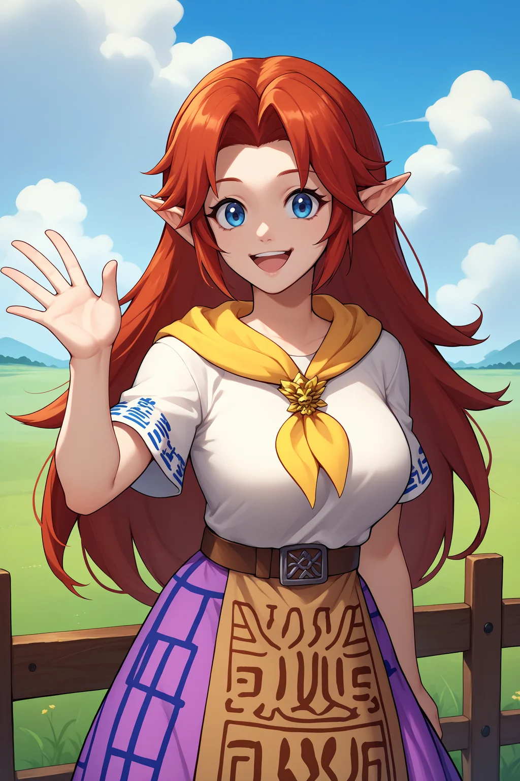 score_9, score_8_up, score_7_up, score_6_up, source_anime, 1girl, solo,  <lora:malon-pdxl-nvwls-v1-000005:1> cremia, red hair, long hair, pointy ears, white shirt, yellow neckerchief, short sleeves, belt, purple skirt, long skirt, brown apron, looking at you, happy, field, fence, blue sky, clouds, upper body, smile, big breasts, open mouth