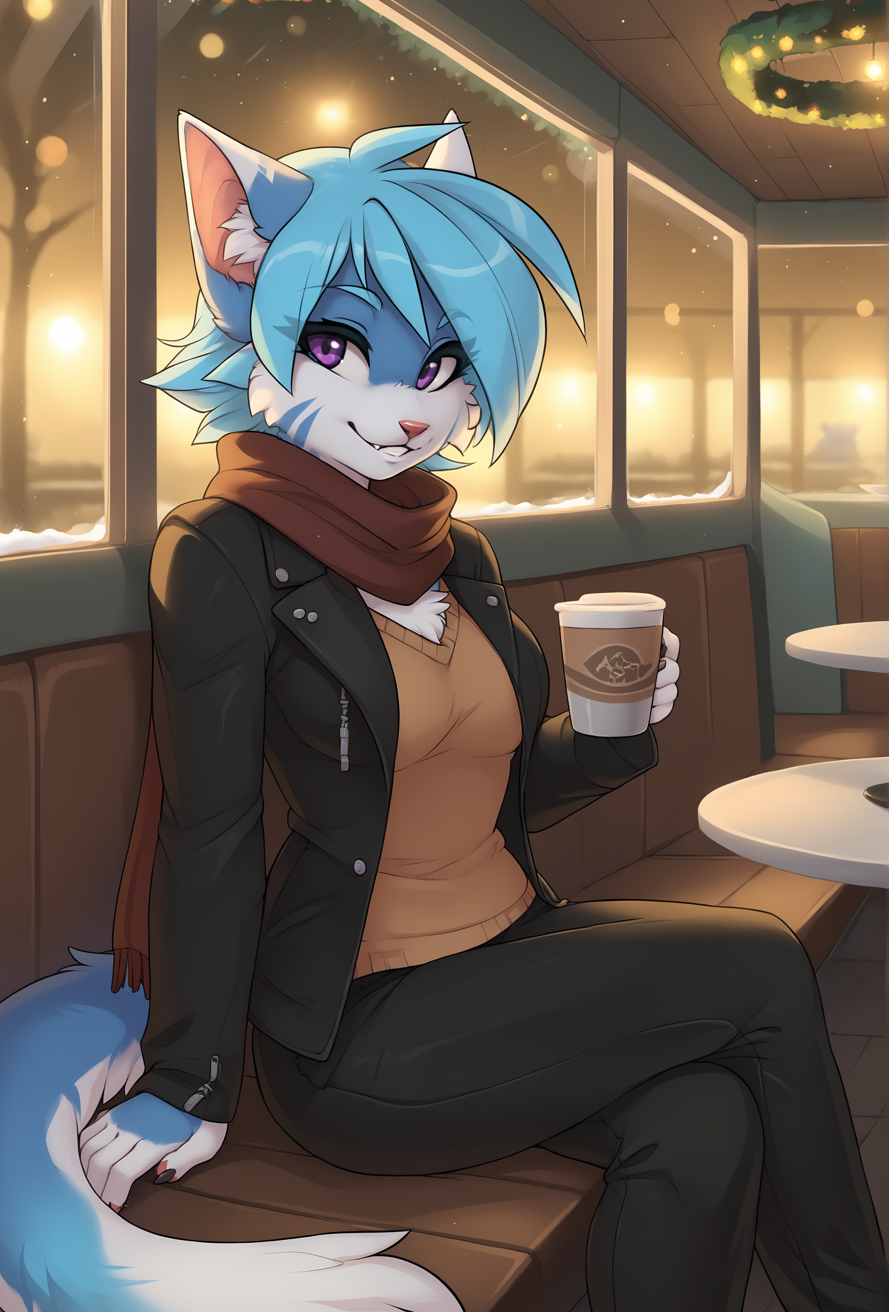 score_9, score_8_up, score_7_up, score_6_up, score_5_up, score_4_up,  indoors, cafe, (bokeh, depth of field:1.2), snow, window, BREAK
<lora:vikna_fluffkevlar_ponyXL_v1.3_0.99:1> vikna, 1girl, purple eyes, furry, blue fur, blue hair BREAK
smile, holding cup, sitting, booth seating, black jacket, scarf, black pants, teeth, claws