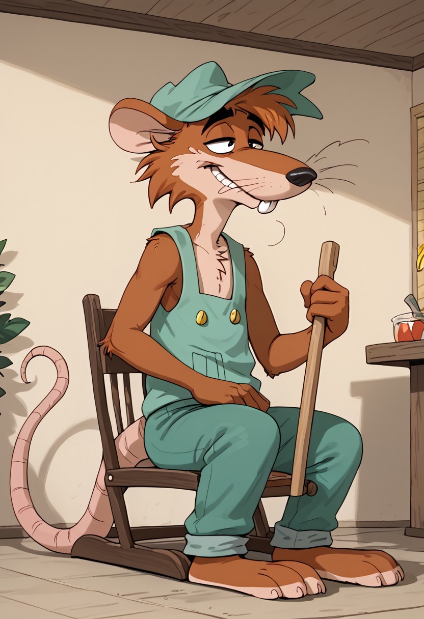 score_9, score_9_up, 1boy, furry, male, animal, opossum, orange fur, opossum ears, buckteeth, black eyes, long tail, rat tail, opossum tail, black nose, whiskers, green hat, green cap, green overall, overall pants, three toes, sitting on a rocking chair, cabbin background, tired face
