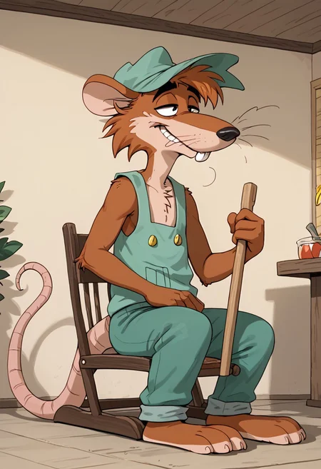 score_9, score_9_up, 1boy, furry, male, animal, opossum, orange fur, opossum ears, buckteeth, black eyes, long tail, rat tail, opossum tail, black nose, whiskers, green hat, green cap, green overall, overall pants, three toes, sitting on a rocking chair, cabbin background, tired face